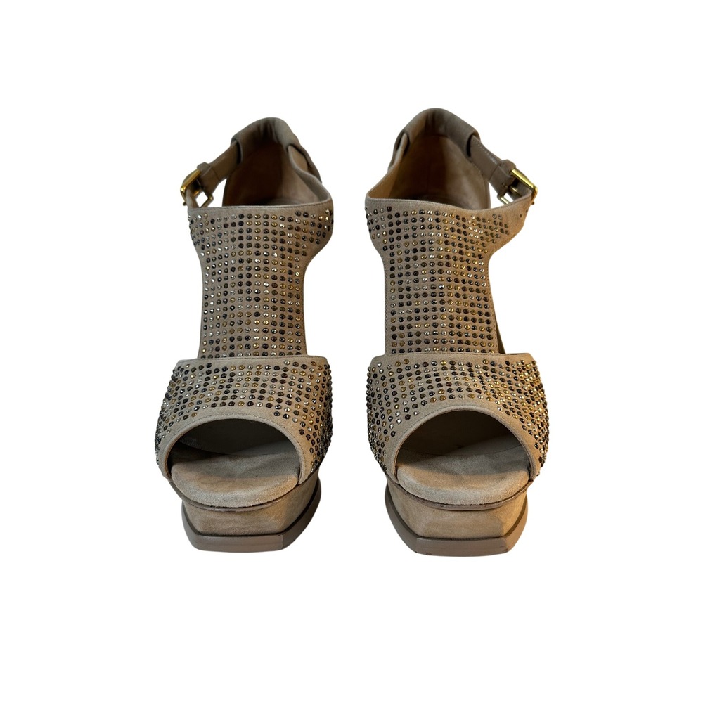 Yves Saint Laurent YSL Tribute Sandals Size 38.5 Beige Suede Studded Platform - Picture 2 of 15